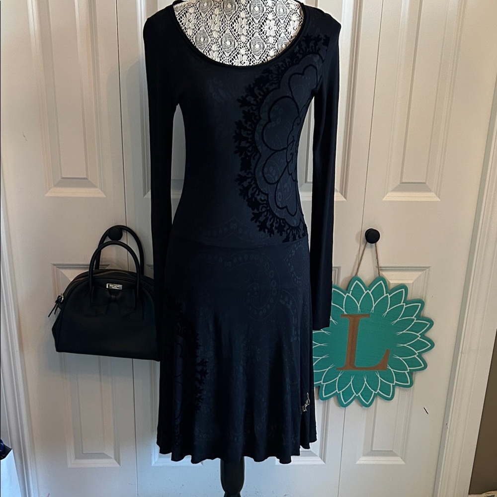 Desigual Black Floral Mandala Long Sleeve Knit Mini Dress